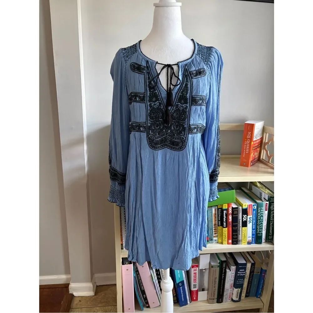 Free People Wind Willows Blue/Black Embroidered Mini Dress